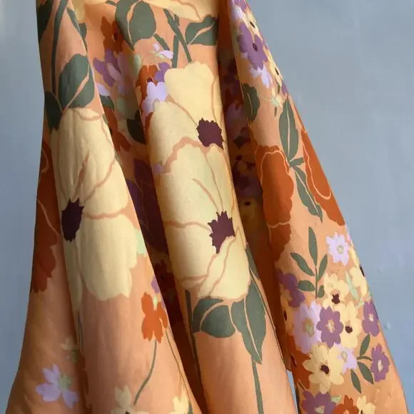 Vintage Silk? Floral Handmade Printed Scarf Orange White Yellow Square 24x24 - Picture 10 of 15